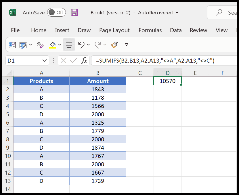 Sum not equal values sumif excel formula