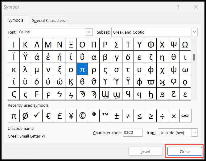 How to insert pi symbol in excel